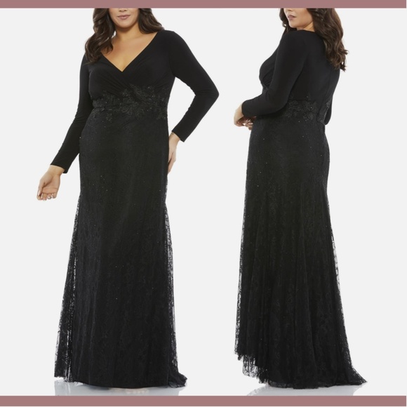 NWT Mac‎ Duggal [ 20W ] Wrap-over Long Sleeve Lace Applique Trumpet Gown Black - Picture 2 of 14